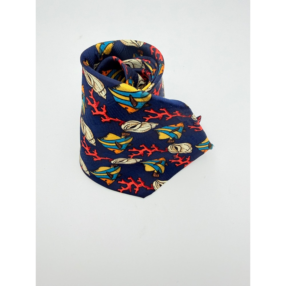 Empire High Fashion Mens Navy Blue Tropical Fish Shell Coral Novelty Silk Tie